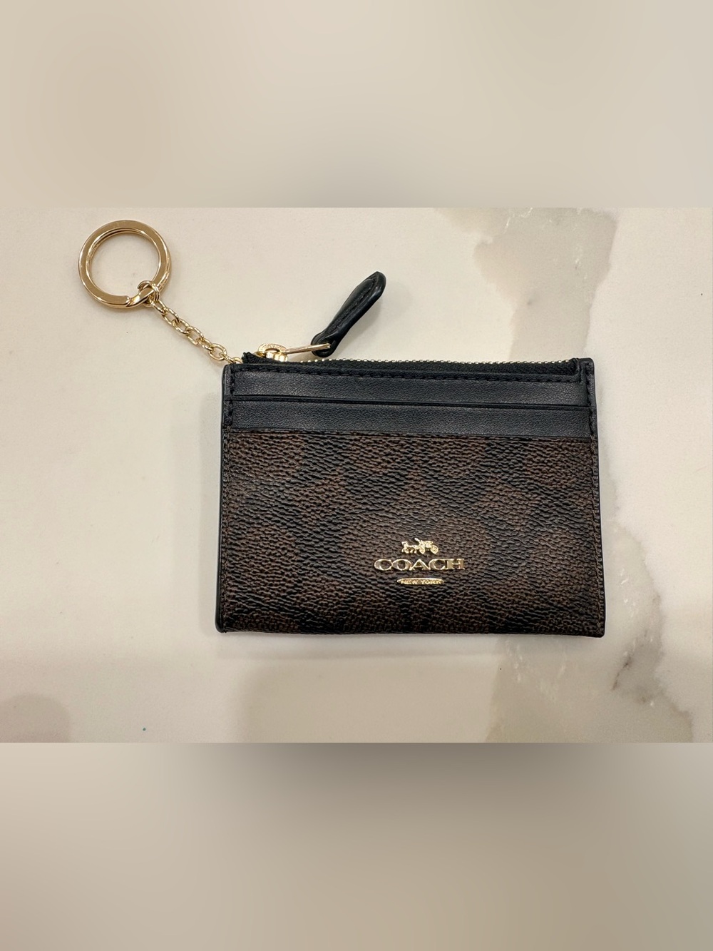 Coach Brown/Black Signature Card Holder/Wallet with Gold Key Ring & Change pouch